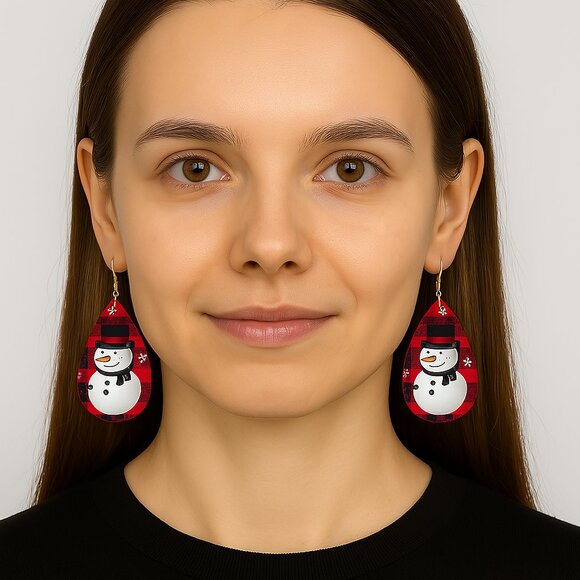 None Jewelry - Snowman Dangle Wooden Earrings White Black Red Plaid 2 1/2" Drop New